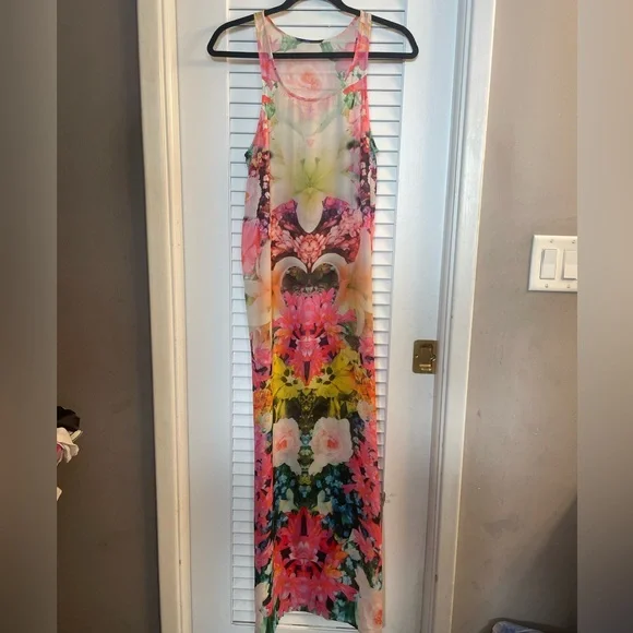 Bright & Vibrant Sheer,Unlined Maxi Tank Dress, Side Zip. Stunning! - Picture 1 of 13